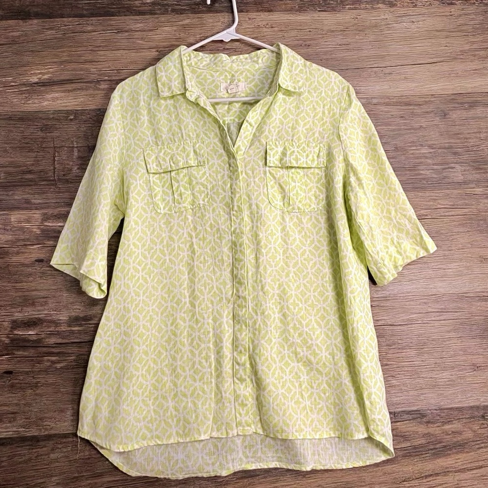 Charter Club Lime Green Patterned Linen Shirt